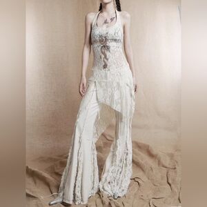 Slim Halter Strap Asymmetrical Hem Stretch Midi Lace Top